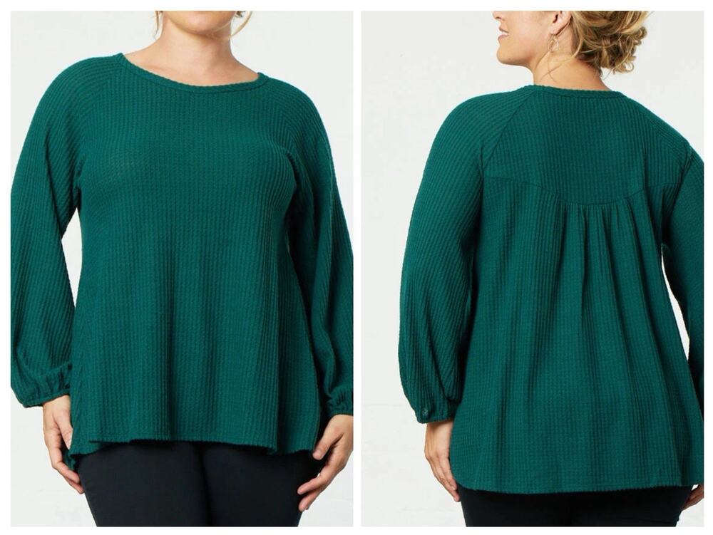Kiyonna 2X Tunic Top Whimsical Waffle Knit Longsleeve Soft Forest Green